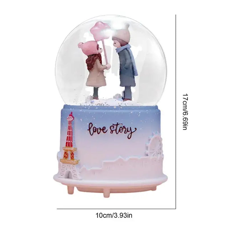 Cute Music Box Valentine'S Day Snow Globe Clear Crystal Ball Lighted Decorative Light up Crystal Ball with Cartoon Couple