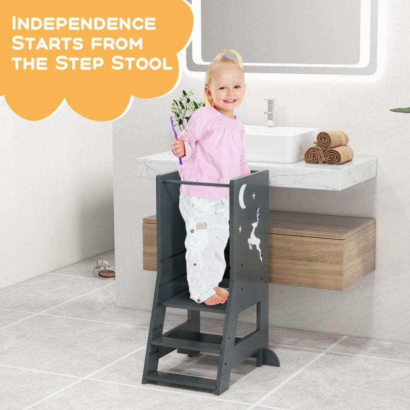 Toddler Kitchen Stool Helper Baby Standing Tower with Chalkboard and Whiteboard