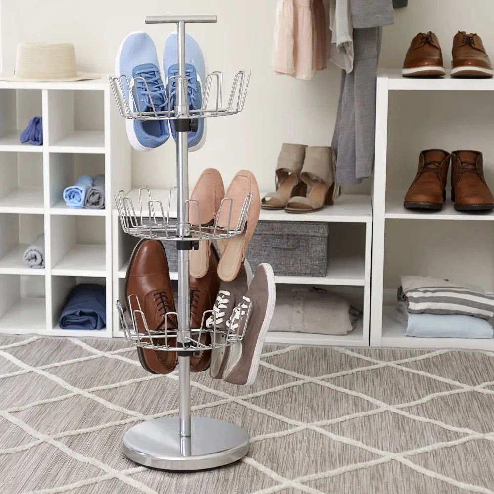 3 Tier Revolving Shoe Rack, Silver Rack Organizer Storage Pairs S Shelves Space