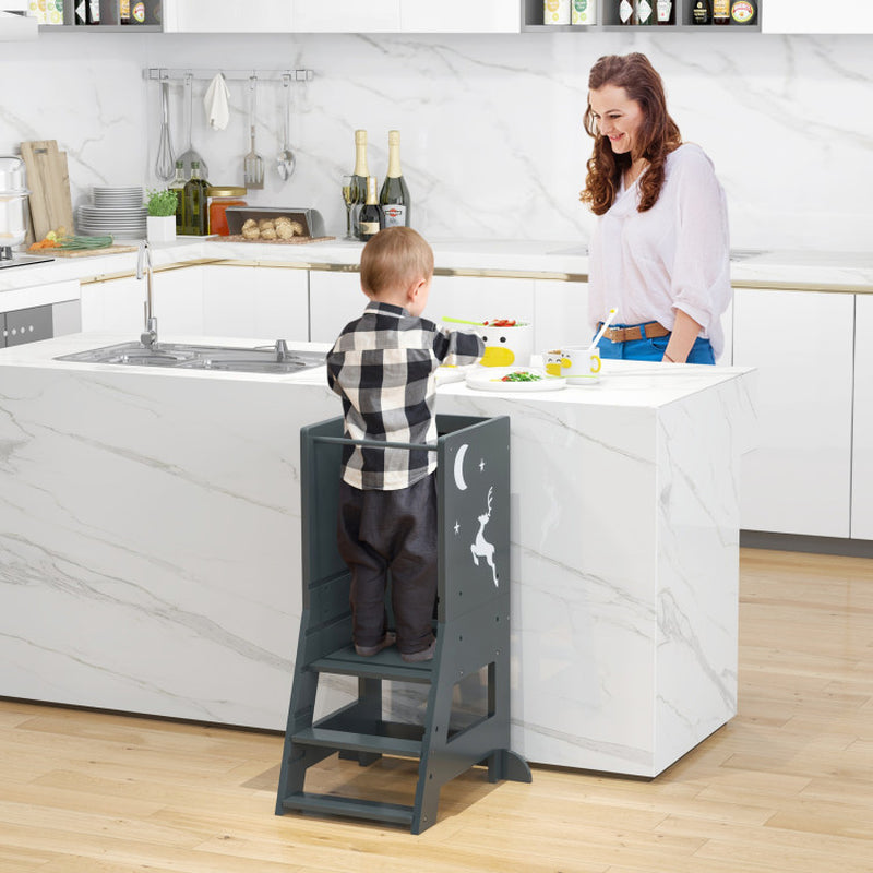 Toddler Kitchen Stool Helper Baby Standing Tower with Chalkboard and Whiteboard