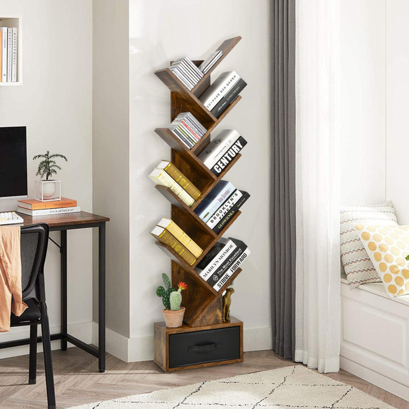 10-Tier Bookshelf with Drawer Free-Standing Storage Bookcase