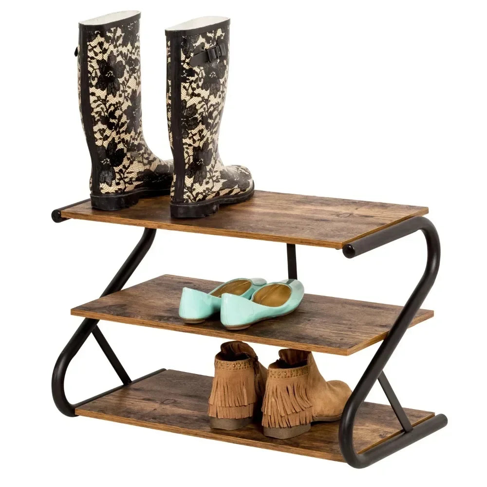3-Shelf Z-Frame Wooden Shoe Rack with Matte Black Metal S Cabinet Storage Organiser Space