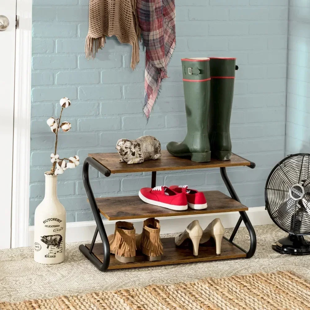 3-Shelf Z-Frame Wooden Shoe Rack with Matte Black Metal S Cabinet Storage Organiser Space