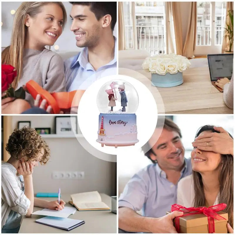 Cute Music Box Valentine'S Day Snow Globe Clear Crystal Ball Lighted Decorative Light up Crystal Ball with Cartoon Couple