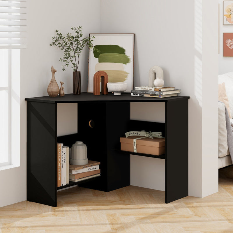 Corner Computer Desk Triangle Writing Workstation with Storage Shelf