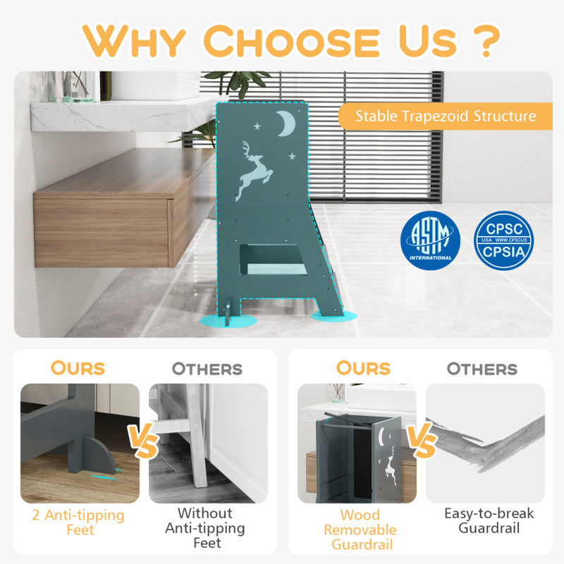 Toddler Kitchen Stool Helper Baby Standing Tower with Chalkboard and Whiteboard