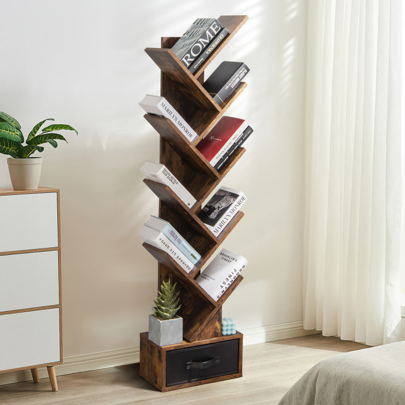 10-Tier Bookshelf with Drawer Free-Standing Storage Bookcase