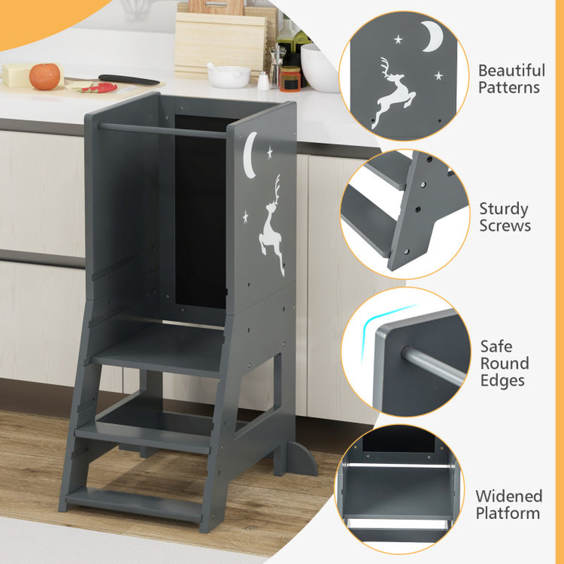 Toddler Kitchen Stool Helper Baby Standing Tower with Chalkboard and Whiteboard