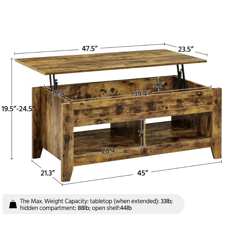 47.5" Lift Top Coffee Table with 2 Storage Compartments, Rustic Brown