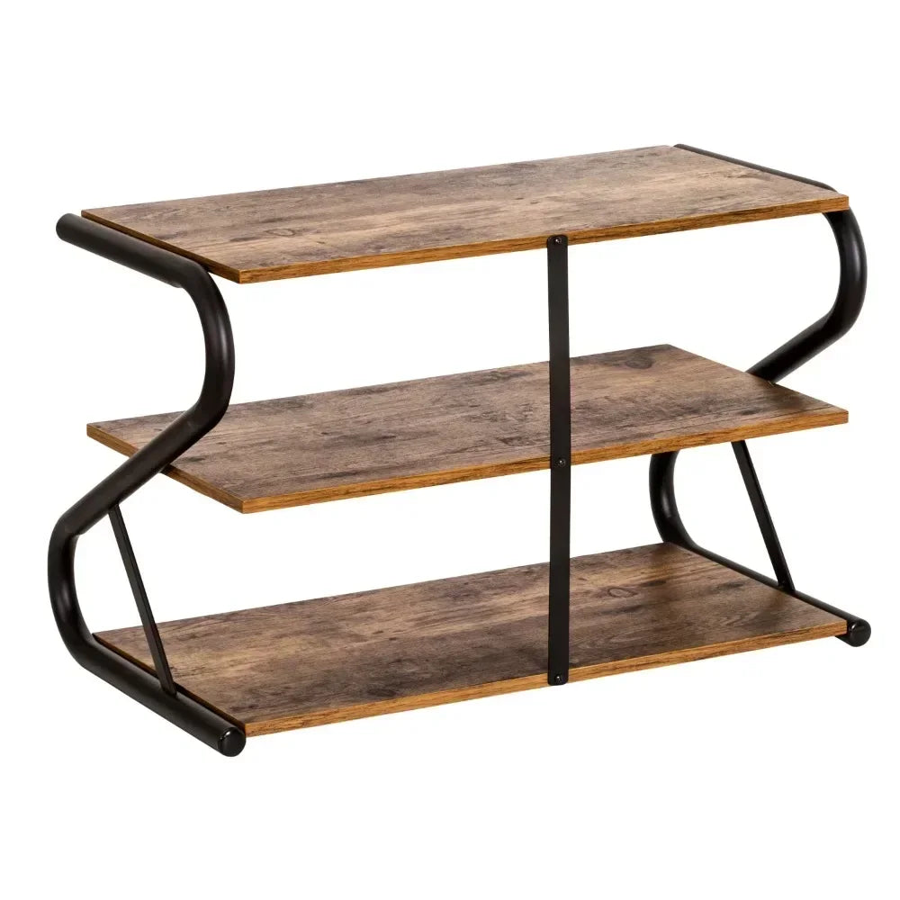 3-Shelf Z-Frame Wooden Shoe Rack with Matte Black Metal S Cabinet Storage Organiser Space