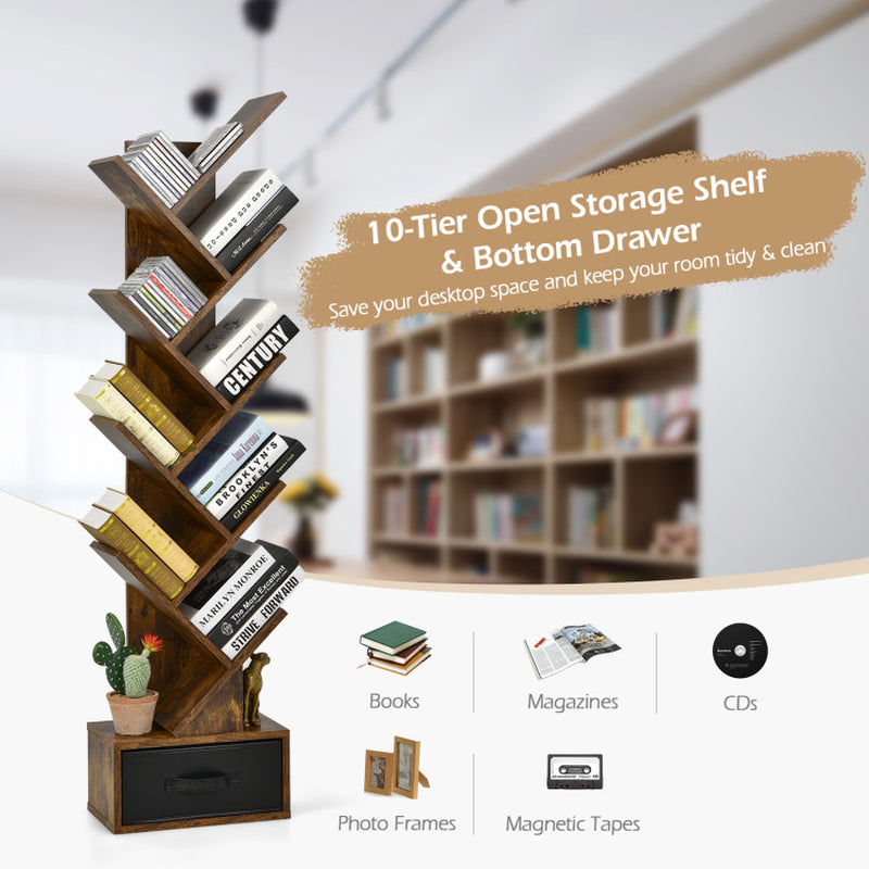 10-Tier Bookshelf with Drawer Free-Standing Storage Bookcase