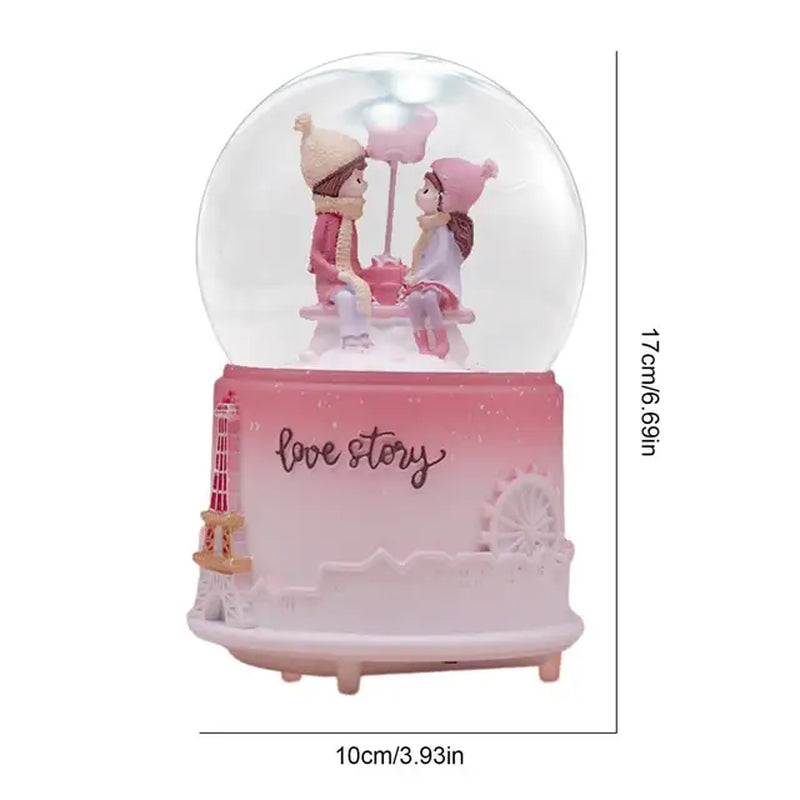 Cute Music Box Valentine'S Day Snow Globe Clear Crystal Ball Lighted Decorative Light up Crystal Ball with Cartoon Couple