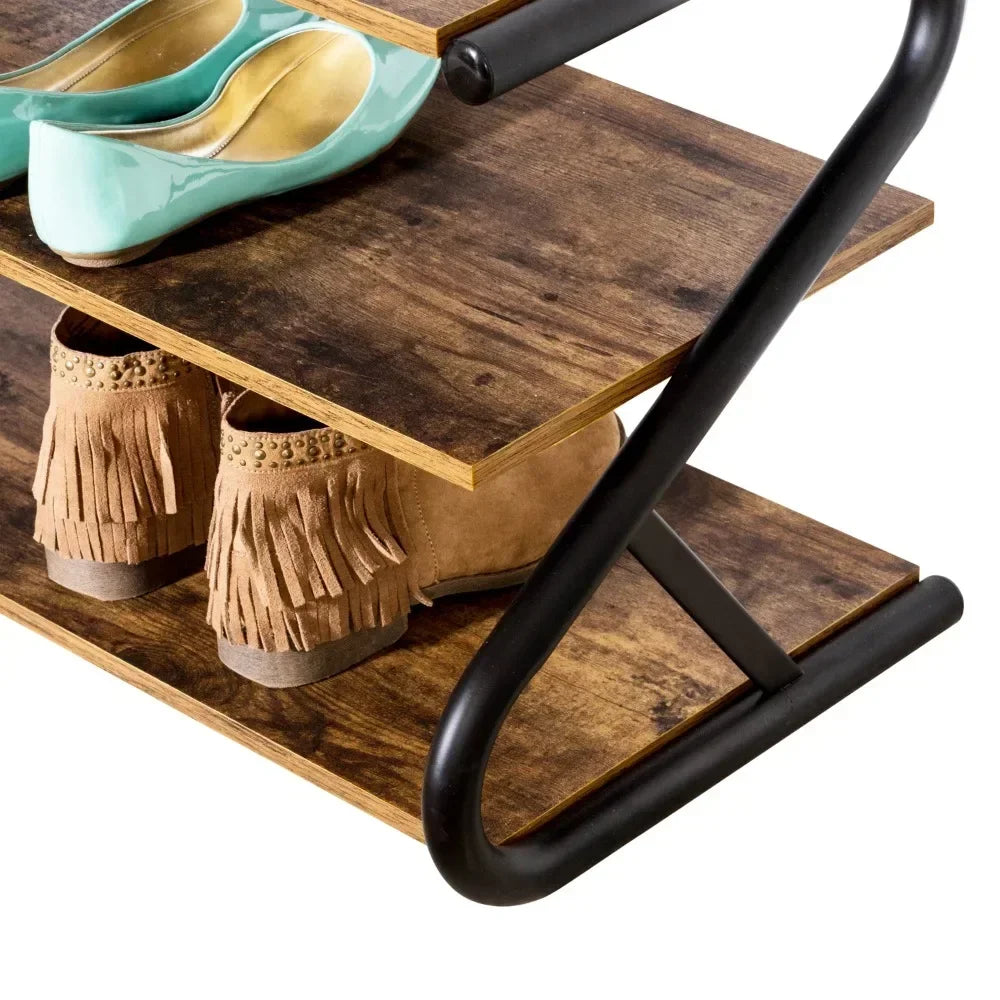 3-Shelf Z-Frame Wooden Shoe Rack with Matte Black Metal S Cabinet Storage Organiser Space
