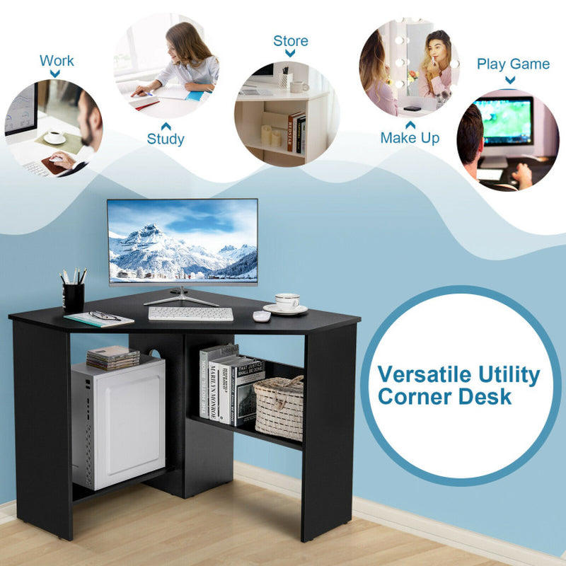 Corner Computer Desk Triangle Writing Workstation with Storage Shelf