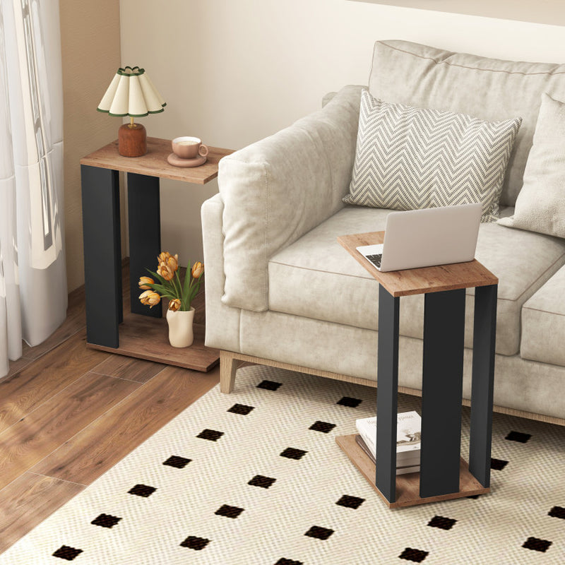 2-Tier C-Shaped Side Table with Universal Wheels and Shelf