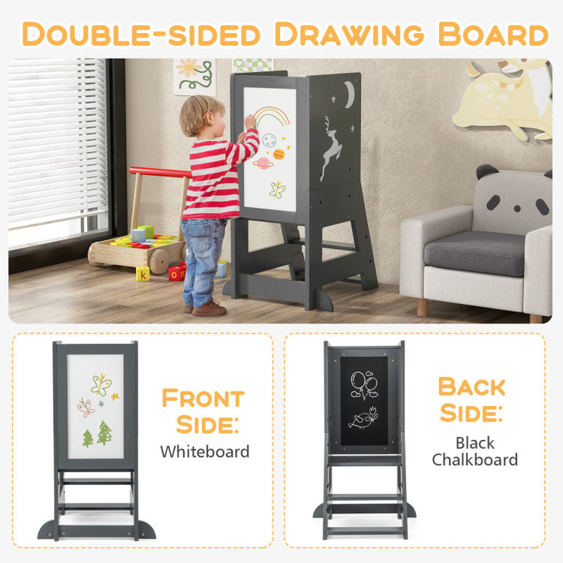 Toddler Kitchen Stool Helper Baby Standing Tower with Chalkboard and Whiteboard
