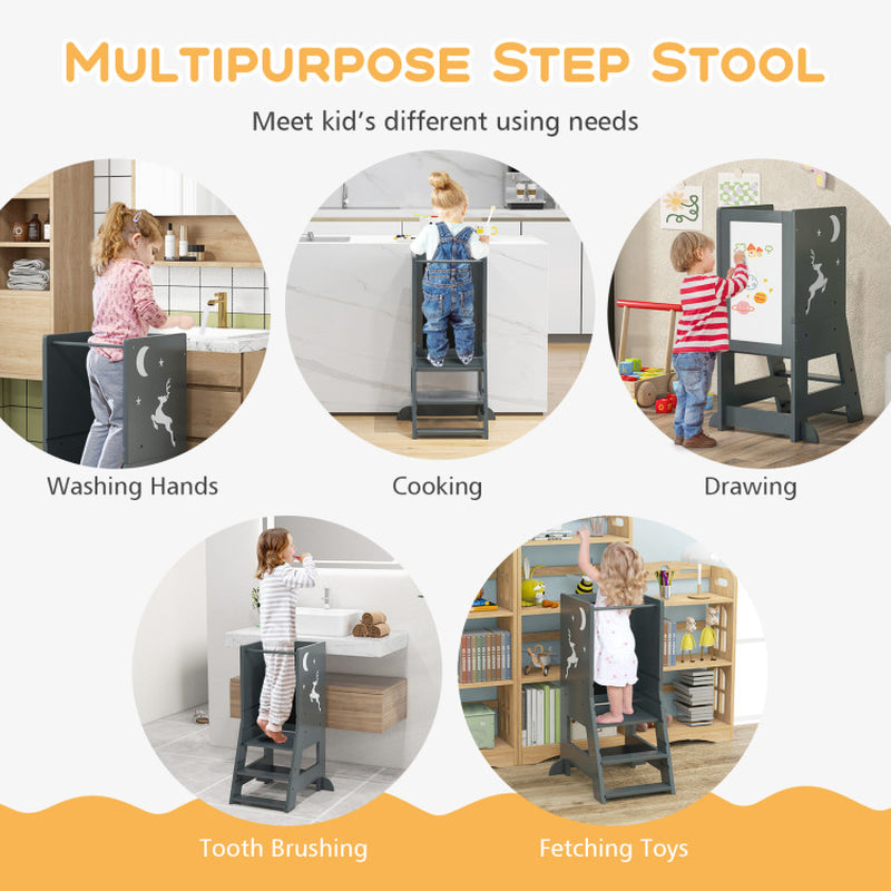 Toddler Kitchen Stool Helper Baby Standing Tower with Chalkboard and Whiteboard