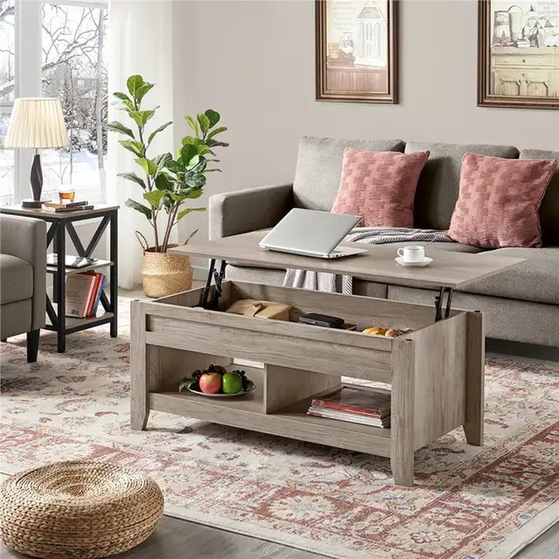 47.5" Lift Top Coffee Table with 2 Storage Compartments, Rustic Brown
