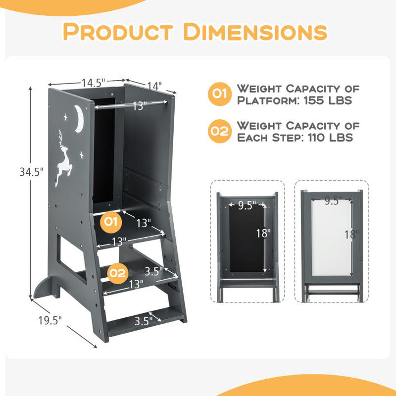 Toddler Kitchen Stool Helper Baby Standing Tower with Chalkboard and Whiteboard