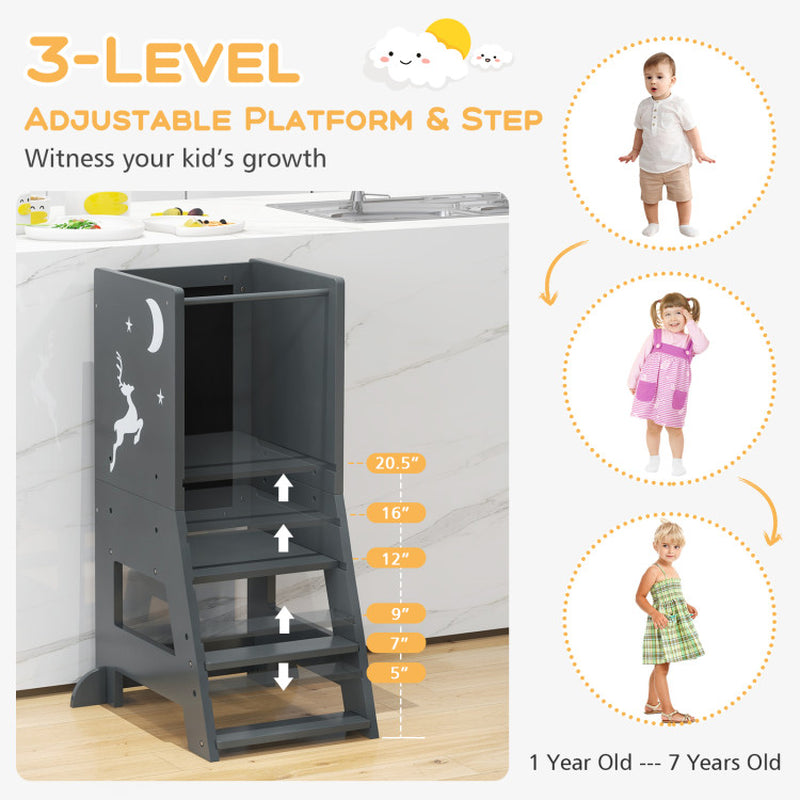 Toddler Kitchen Stool Helper Baby Standing Tower with Chalkboard and Whiteboard