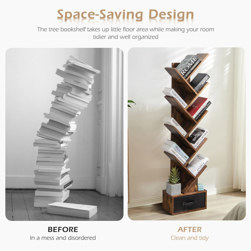10-Tier Bookshelf with Drawer Free-Standing Storage Bookcase