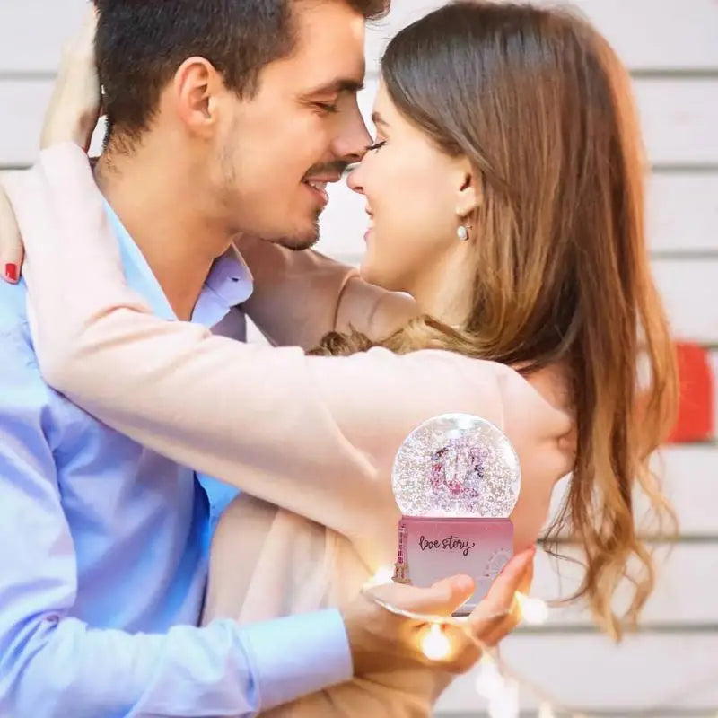 Cute Music Box Valentine'S Day Snow Globe Clear Crystal Ball Lighted Decorative Light up Crystal Ball with Cartoon Couple