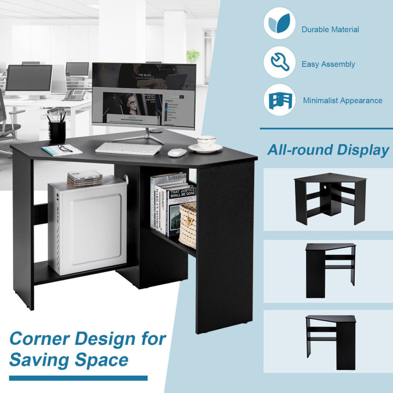 Corner Computer Desk Triangle Writing Workstation with Storage Shelf