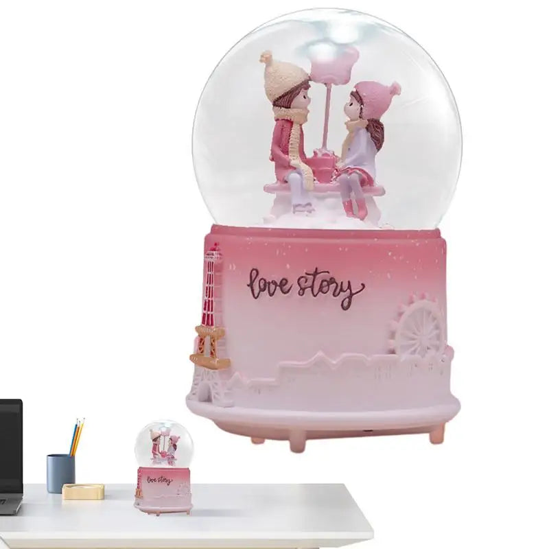 Cute Music Box Valentine'S Day Snow Globe Clear Crystal Ball Lighted Decorative Light up Crystal Ball with Cartoon Couple