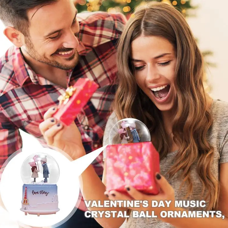 Cute Music Box Valentine'S Day Snow Globe Clear Crystal Ball Lighted Decorative Light up Crystal Ball with Cartoon Couple