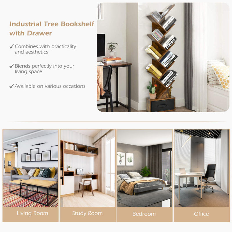 10-Tier Bookshelf with Drawer Free-Standing Storage Bookcase