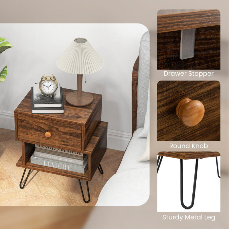 Set of 2 Irregular 2-Tier Wooden Nightstands with Elevated Metal Feet