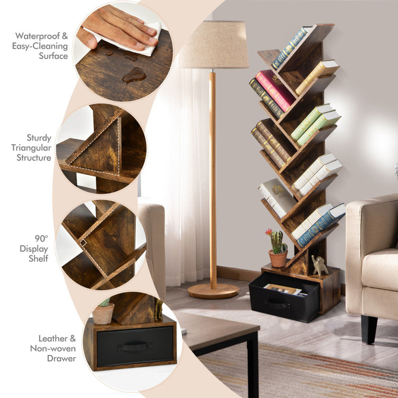 10-Tier Bookshelf with Drawer Free-Standing Storage Bookcase